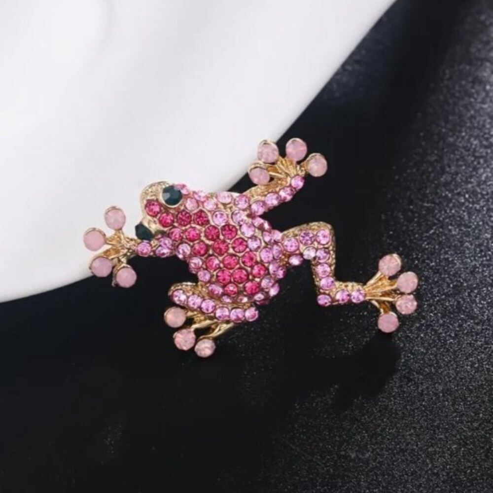 NEW Pink Pave Crystal Tree Frog Brooch Pin 24k Gold Plated